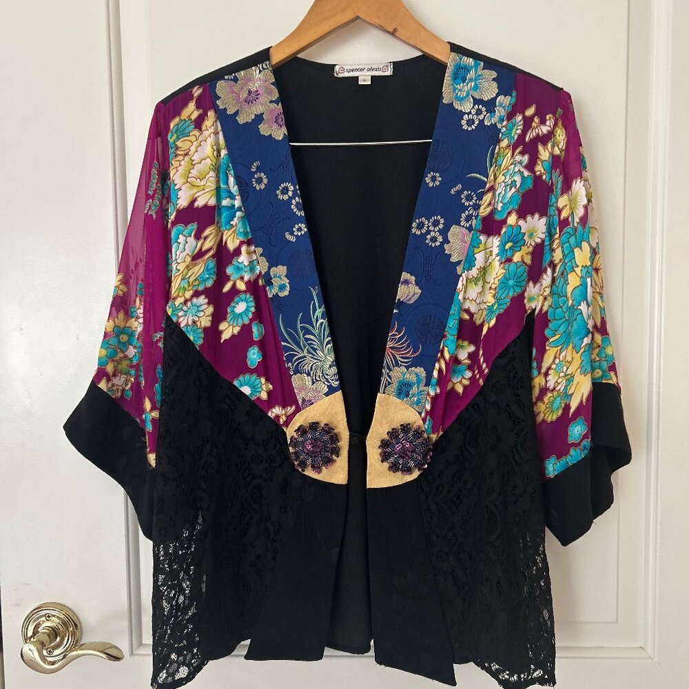 Vintage Spencer Alexis Silk Blend Kimono Jacket Floral Lace Beaded Boho Size L